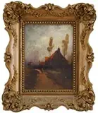 H. Hall, The Way Home, Oil on canvas scene shows a man walking a dirt road toward a house in landscape