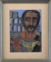 Unsigned, Caesar, Oil painting of a portrait of a Roman soldier with a Roman building as backdrop