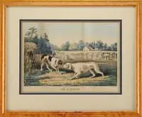 On a Point by Nathaniel Currier, Hand colored lithograph dated 1855 shows two dogs at point in a half cleared hay field with two hunters, offered Jan 2008