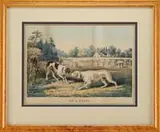 Nathaniel Currier, On a Point, Hand colored lithograph dated 1855 shows two dogs at point in a half cleared hay field with two hunters