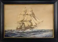 The Constitution by C. Myron Clark, Hand highlighted print shows a three-mast tall ship sailing left to right in white capped sea, offered Jan 2008