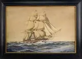 C. Myron Clark, The Constitution, Hand highlighted print shows a three-mast tall ship sailing left to right in white capped sea