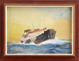 Jack W. Hardcastle, Portrait of the Ship “British Admiral, Watercolor scene shows an oncoming cargo ship with black hull and white masts and yellow sky