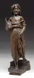 Signed, The Water Girl, Bronze figure of a young woman holding water jug and stepping down a rock stair holding edge of skirt