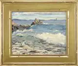 Gustave Ciminotti, Jr., Cape Elizabeth, Oil on canvasboard coastal scene shows a large wave and rocky shoreline. In the distance are low hills and lighthouse