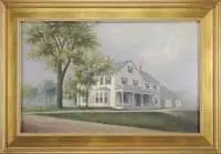 George McConnell, Pleasant Hill, Scarborough, Maine, Fine oil on board house portrait shows a connected Colonial multi story house with L and attached barn