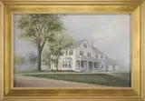 George McConnell, Pleasant Hill, Scarborough, Maine, Fine oil on board house portrait shows a connected Colonial multi story house with L and attached barn