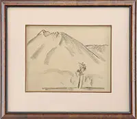 Mt by Marsden Hartley, KATAHDIN NO. 1. Charcoal on paper scene shows an outline mountain range with tree in foreground, offered Aug 2012