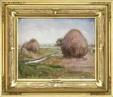 Adelaide E. Wadsworth, Ipswich Marshes, Oil on canvas scene shows large haystacks in a channeled marsh area