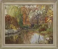 The Willow Tree Bridge by Otis Cook, Oil on canvas Fall scene shows a small river with rock retaining wall leading to a bridge next to a Weeping Willow, offered Aug 2012