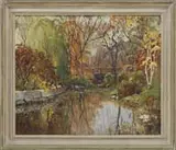 Otis Cook, The Willow Tree Bridge, Oil on canvas Fall scene shows a small river with rock retaining wall leading to a bridge next to a Weeping Willow