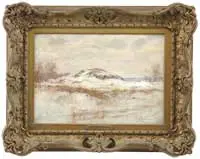 Hal Robinson, Winter Covering, Oil on canvas scene shows a large rock area in a field covered with snow. A cloud fills the sky