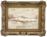 Hal Robinson, Winter Covering, Oil on canvas scene shows a large rock area in a field covered with snow. A cloud fills the sky