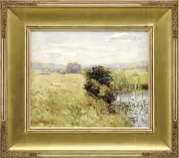 Summer Marsh by George Loftus Noyes, Oil on canvas landscape scene shows a marsh area with grass, bushes and water, all under a light pastel sky, offered Aug 2012
