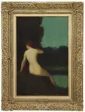 Jean-Jacques Henner, Nocturnal Nude, Oil on canvas nighttime scene shows a nude woman seated at water’s edge with grass and woods beyond