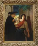 Phillipe, Advice for a Mother and Child, Oil on canvas scene shows a Gypsy mother with her young child seeking advice from a priest and nun at an open doorway