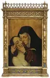 Unsigned, Lamentation, Oil on wood panel altar painting shows Mary cradling Jesus with her hands