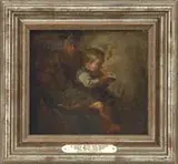 William James Glackens, A Child with His Nanny, Oil on canvas interior scene shows a small child reading a book while on the lap of an older woman