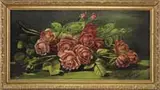 Edward Chalmer Leavitt, Still Life of Roses, Oil on canvas still life scene shows a pile of red roses on green tabletop