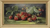 Edward Chalmers Leavitt, Strawberries, Oil on canvas still life scene shows a group of strawberries with stems attached and strawberry leaves