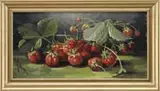 Edward Chalmers Leavitt, Strawberries, Oil on canvas still life scene shows a group of strawberries with stems attached and strawberry leaves