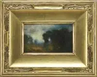 George Inness, Jr., Impressionistic Landscape, Oil on board scene shows woods and field in the evening with colorful sky