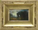 George Inness, Jr., Impressionistic Landscape, Oil on board scene shows woods and field in the evening with colorful sky