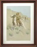 Frederic Remington, The Scout, Chromolithograph shows a man on white and brown horse holding a Winchester rifle scouting for the soldiers behind him