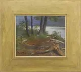 Charles Chase Emerson, A Trout Lake, Oil on board scene shows the edge of a lake with trees, stumps and grass