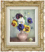 Marguerite Stuber Pearson, Pansies, Oil on canvasboard still life scene shows a pink vase of pansies against a light green background