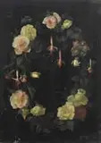 J. Ernest Galvan, Floral Still Life, Oil painting on slate depicting a wreath of roses and bleeding hearts