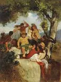 Unsigned, The Harvest Festival, Oil on panel scene shows frolicking figures drinking wine in an outdoor setting under tree