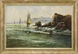 Felipe Checa, Sailing Along the Coast, Oil on canvas scene shows several sailboats sailing along a rugged rocky and mountain coastline