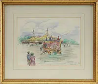 Gorman Brothers – Gloucester by Reynolds Beal, Mixed media scene shows a circus wagon promoting the circus that is set up behind with big top and flags, offered Aug 2012