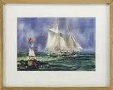Ludlow Thorston, Rounding the Buoy, Fine watercolor shows a two mast schooner passing the buoy at the end of a rocky point