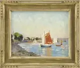 Mary Louise Fairchild Low, Summer Evening Locquirec (Brittany), Oil on wood panel coastal scene shows several sailboats in a calm harbor with town on sandy shore