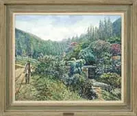 Eaisagem De Petropolis by Leendert Dijk, Oil on canvas shows a lush landscape with river, bridge, road and man, offered Aug 2012