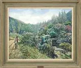 Leendert Dijk, Eaisagem De Petropolis, Oil on canvas shows a lush landscape with river, bridge, road and man