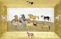 Unsigned, Horses, Watercolor scene shows 10 different colored horses walking and running from right to left on brown ground and white sky