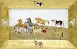 Unsigned, Horses, Watercolor scene shows 10 different colored horses walking and running from right to left on brown ground and white sky