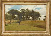 Tending the Fields by L. Busi, Oil on canvas scene shows a man standing in a field with another field being harvested by a group of women, offered Aug 2012