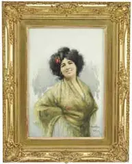 Red Rose by Umberto Zini, Fine watercolor half portrait of an Italian woman wearing a red rose in her hair, offered Aug 2012