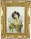 Umberto Zini, Red Rose, Fine watercolor half portrait of an Italian woman wearing a red rose in her hair