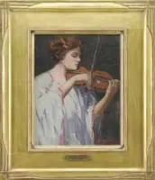 Harry Neyland, The Violinist, Paris, 1910, Oil on canvas shows a young woman playing a violin