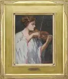 Harry Neyland, The Violinist, Paris, 1910, Oil on canvas shows a young woman playing a violin