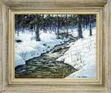 C. Roy Morse, Snow Lined Stream, Oil on artist’s board Winter scene shows a cascading brook winding through light woods with snow covered ground