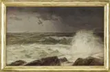 Stormy Coast by Frank Knox Morton Rehn, Oil on canvas coastline scene shows angry sea cascading waves onto coastal rocks with light to dark gray sky, offered Aug 2012