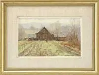 Old Farm by Bernard Corey, Oil on canvas laid to board shows a connected farmhouse and barn with farmer tending to his field, offered Aug 2012