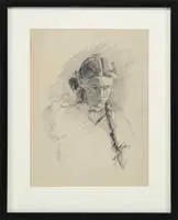 Two Drawings by Edwin Charles Tarbell, 1) Pencil drawing of young girl with ponytail, a partial head is seen at left, offered Aug 2012