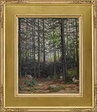 Gustave Adolph Wiegand, Morning in the Pines, Georges Mills, N.H, Oil on canvas shows a stand of 12 tall Pine trees with rock strewn and dirt floor